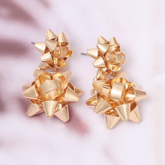 Gold Bow Earrings Christmas Accessories Bow Studs Drop Dangle Earrings - Picture 9 of 11